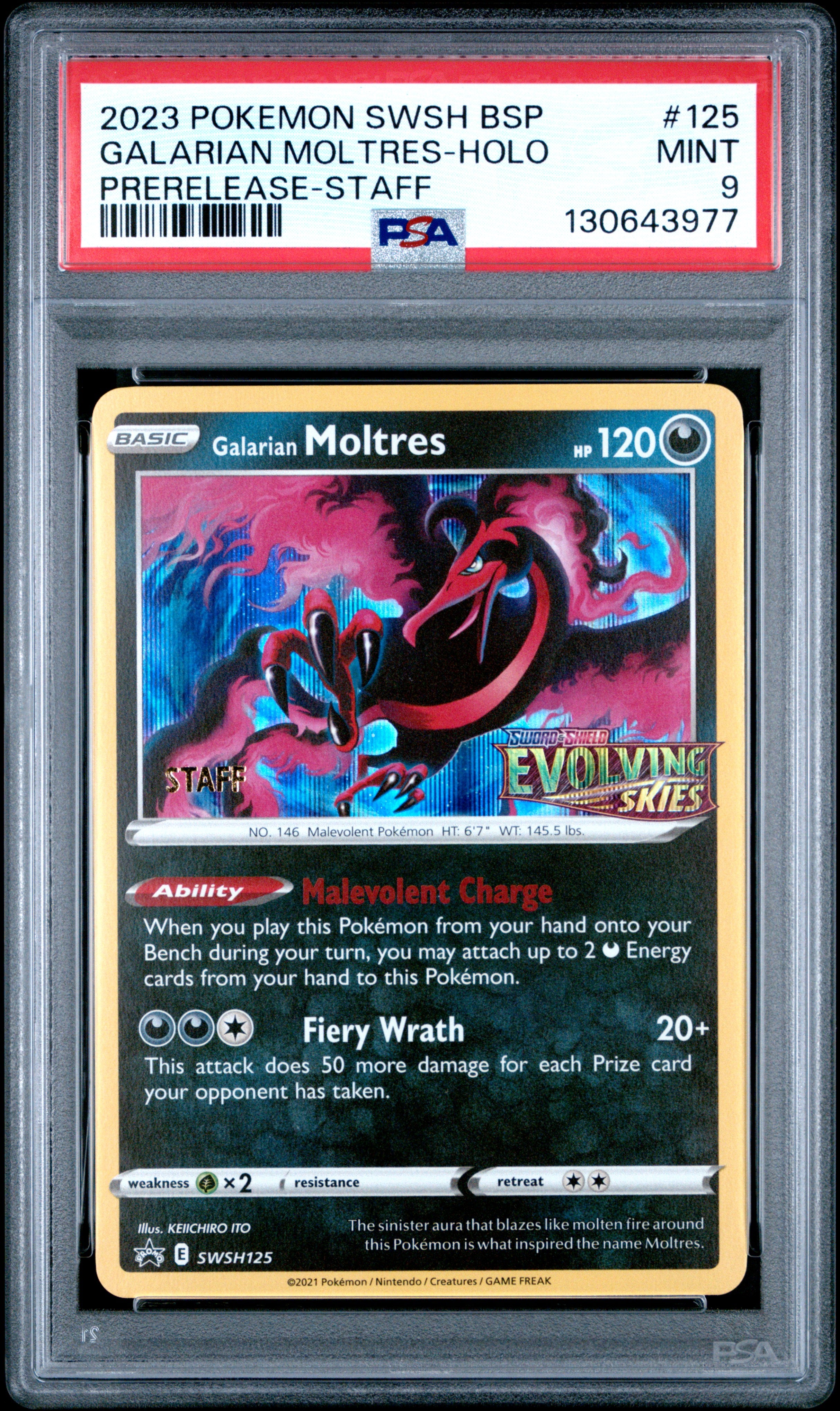 Galarian Moltres Holo 125 Prerelease-staff Swsh Black Star Promo Pokemon PSA 9