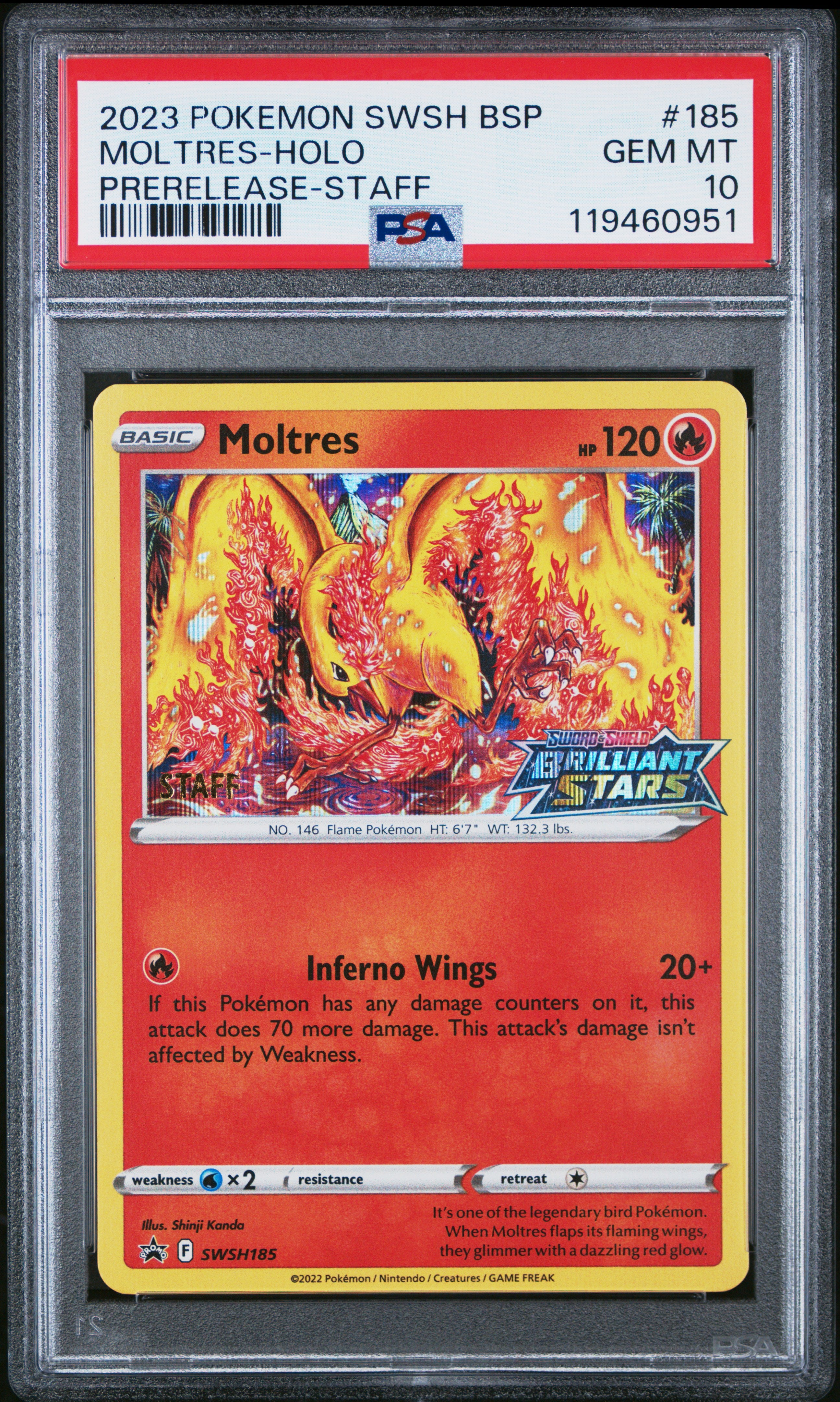 Moltres Prerelease Staff Black Star Promo 185 Pokemon PSA 10 - POP 19