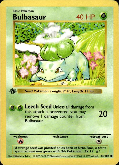 Pokemon Bulbasaur 44/102 Base Set Common 1st Edition Lightly Played