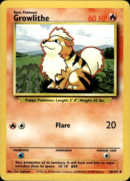 Pokemon Growlithe 28/102 Base Set Uncommon Near Mint