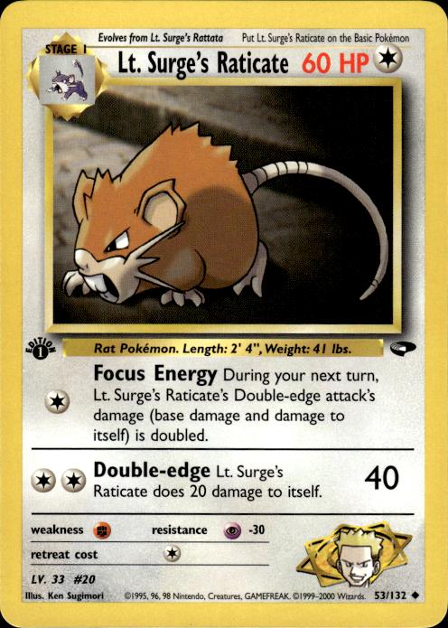 Pokemon Lt. Surge's Raticate 53/132 Gym Challenge Uncommon 1st Edition Near Mint