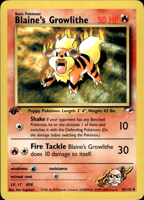 Pokemon Blaine's Growlithe 35/132 Gym Heroes Uncommon 1st Edition Near Mint