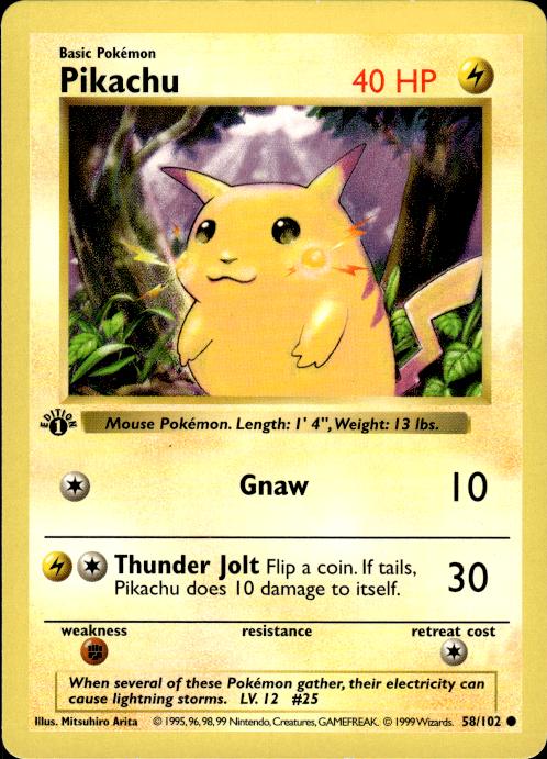Pokemon Pikachu Yellow Cheeks 58/102 Base Set 1st Edition Lightly Played