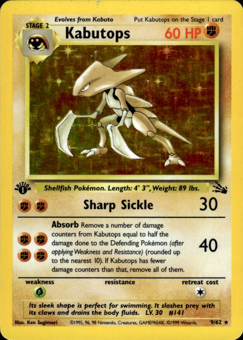 Pokemon Kabutops 9/62 Fossil Holo Rare 1st Edition Moderately Played