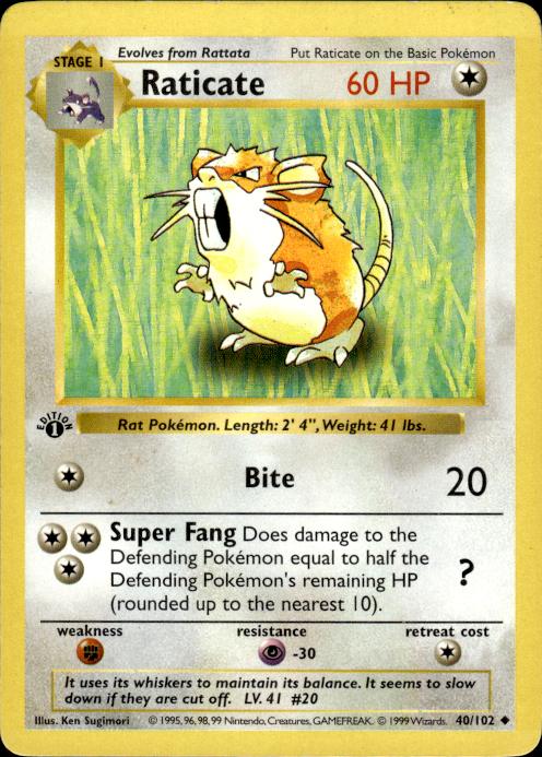 Pokemon Raticate 40/102 Base Set Uncommon 1st Edition Moderately Played