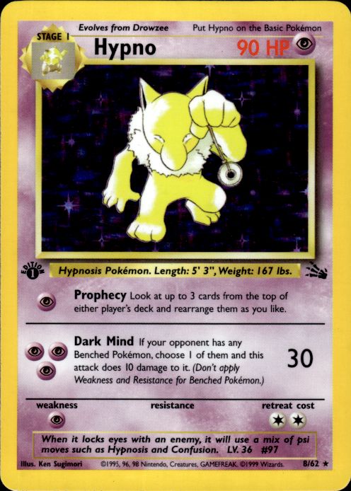 Pokemon Hypno 8/62 Fossil Holo Rare 1st Edition Moderately Played