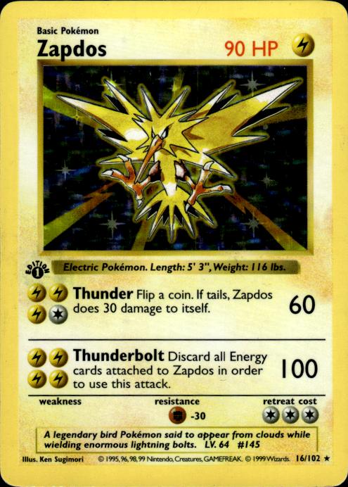 Pokemon Zapdos 16/102 Base Set Holo Rare 1st Edition Moderately Played