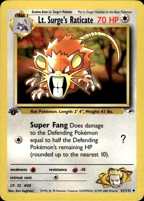 Pokemon Lt. Surge's Raticate 51/132 Gym Heroes Uncommon 1st Edition Near Mint