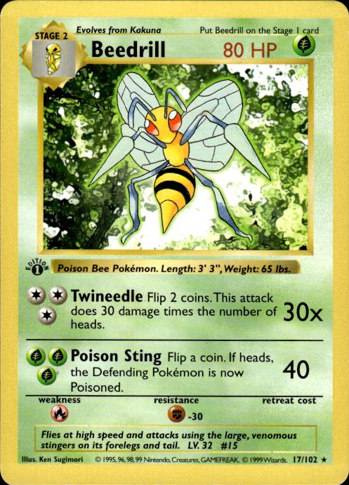 Pokemon Beedrill 17/102 Base Set Rare 1st Edition Moderately Played