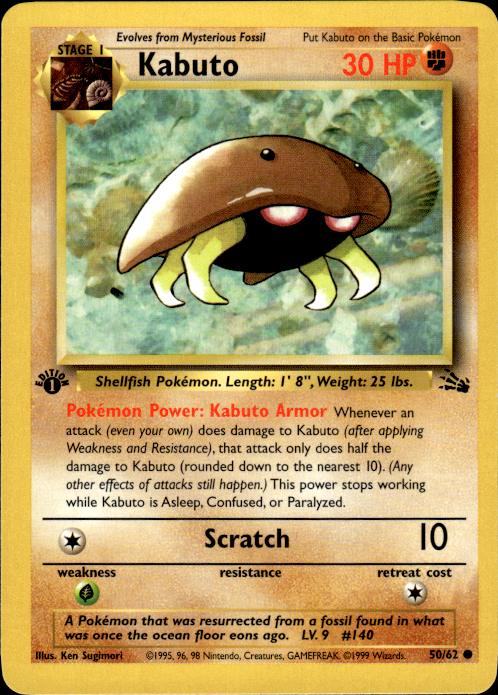 Pokemon Kabuto 50/62 Fossil Common 1st Edition Near Mint