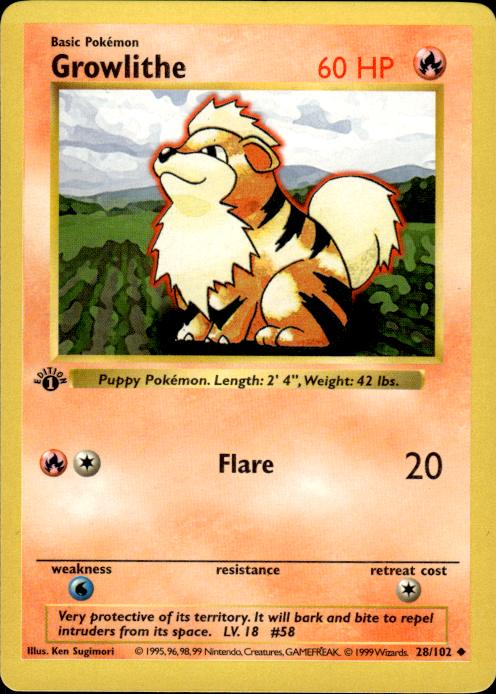 Pokemon Growlithe 28/102 Base Set Uncommon 1st Edition Lightly Played