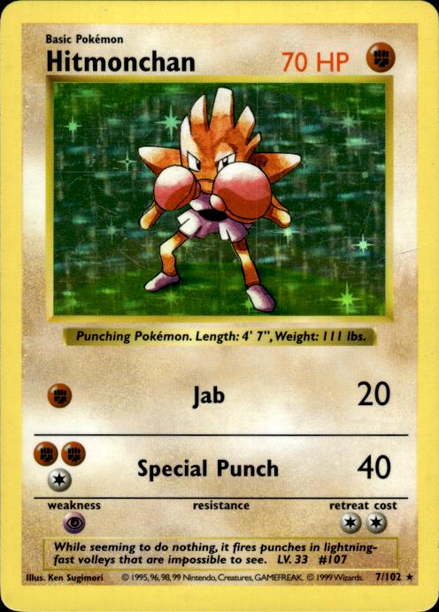 Pokemon Hitmonchan 7/102 Base Set Shadowless Holo Rare Moderately