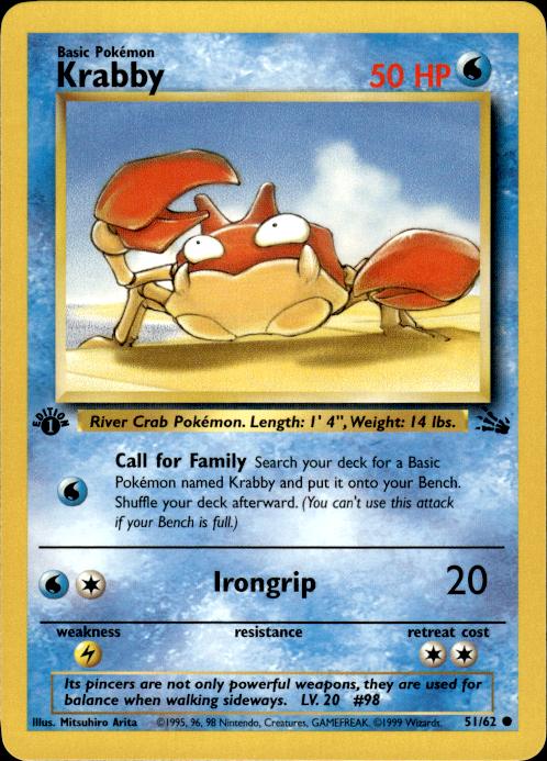 Pokemon Krabby 51/62 Fossil Common 1st Edition Near Mint