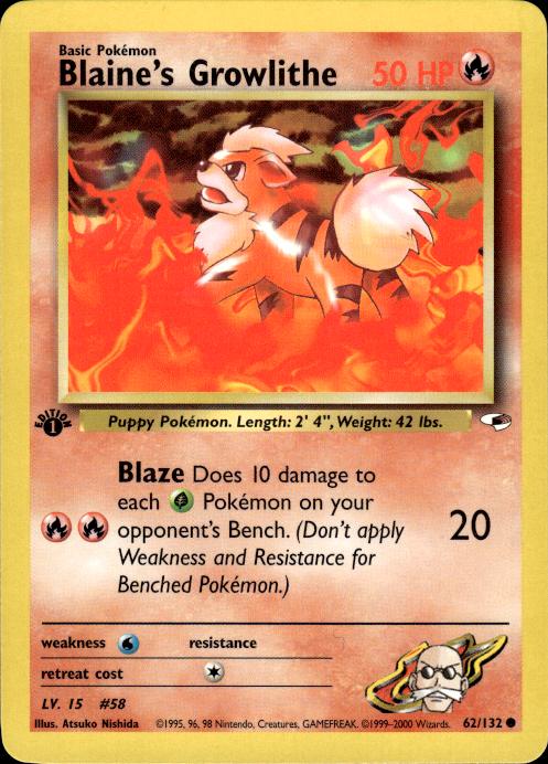 Pokemon Blaine's Growlithe 62/132 Gym Heroes Common 1st Edition Near Mint
