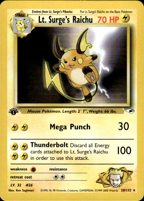 Pokemon Lt. Surge's Raichu 28/132 Gym Heroes Rare 1st Edition Near Mint