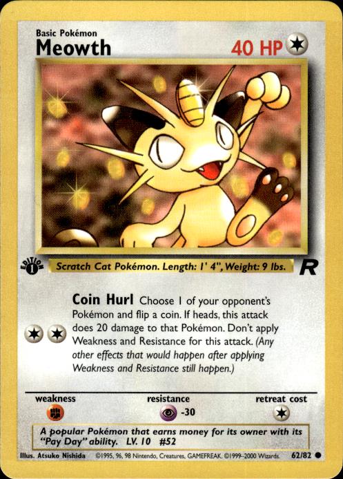 Pokemon Meowth 62/82 Team Rocket Common 1st Edition Near Mint
