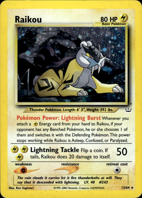 Raikou 13/64 Holo Rare Neo Revelation Pokemon Heavily Played - Creased