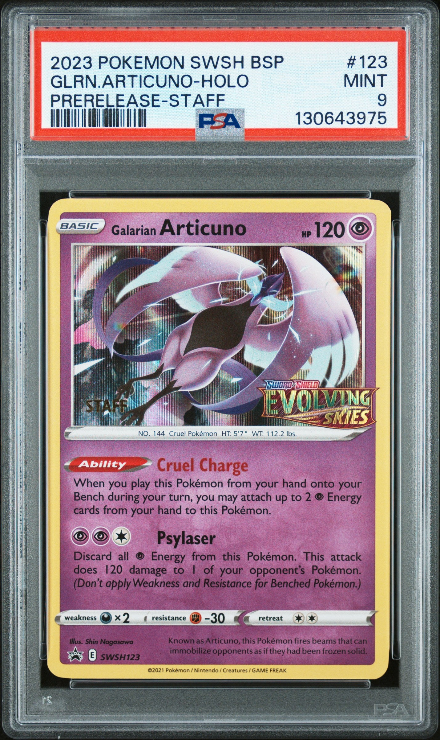 Galarian Articuno Holo 123 Prerelease-staff Swsh Black Star Promo Pokemon PSA 9