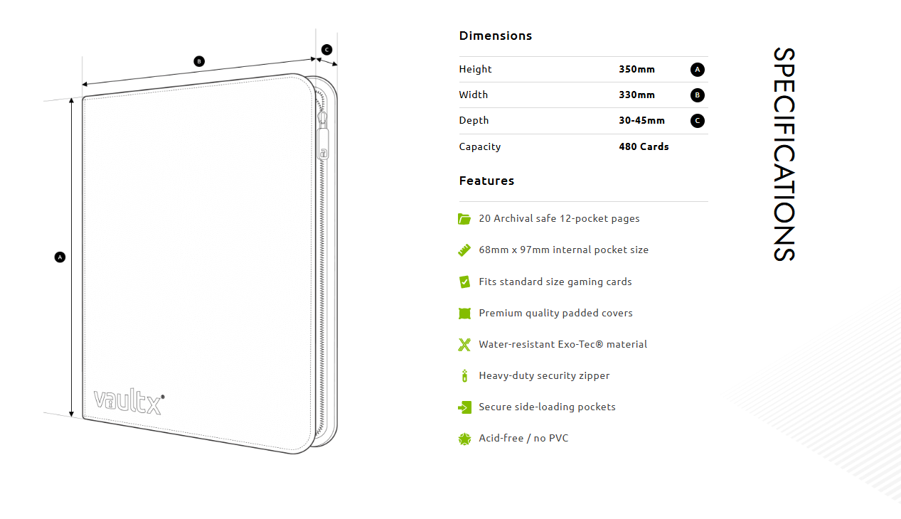 Vault X - 12 Pocket Exo-Tec Zip Binder - White - 20% VAT