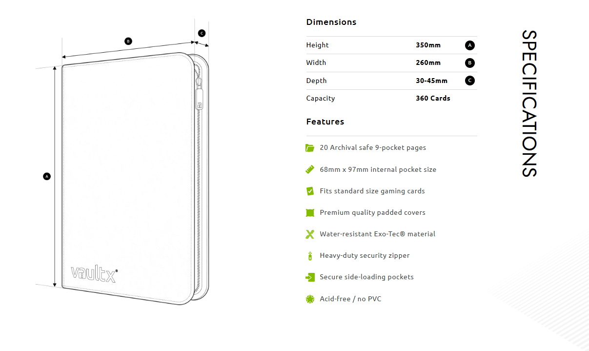 Vault X - 9 Pocket Exo-Tec Zip Binder - White - 20% VAT