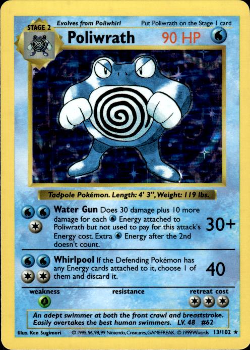 Pokemon Poliwrath 13/102 Base Set Shadowless Holo Rare Lightly Played