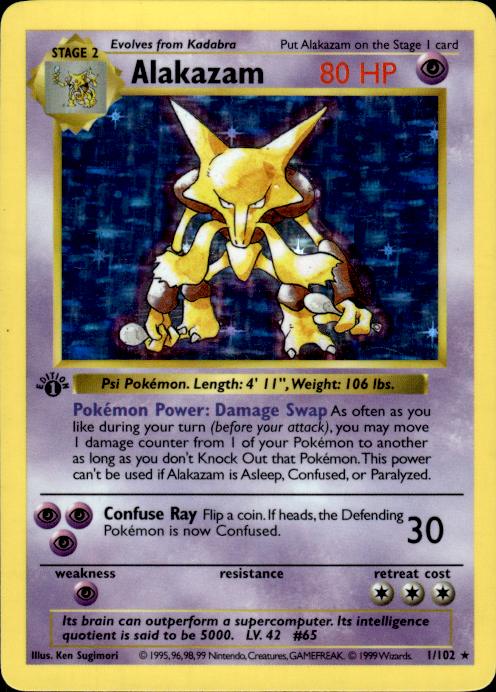 Pokemon Alakazam 1/102 Base Set Holo 1st Edition Heavily Played