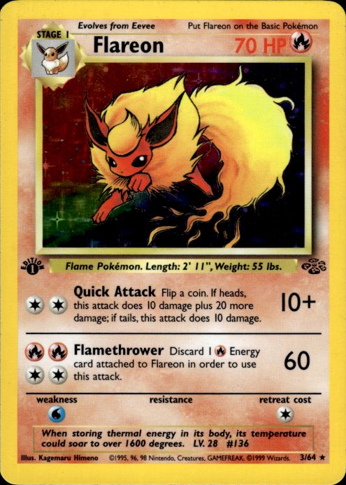 Pokemon Flareon 3/64 Jungle Holo Rare 1st Edition Moderately Played