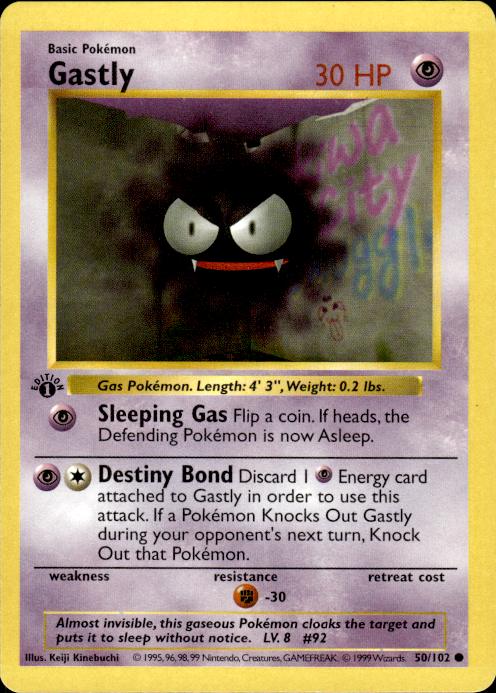 Pokemon Gastly 50/102 Base Set Common 1st Edition Lightly Played