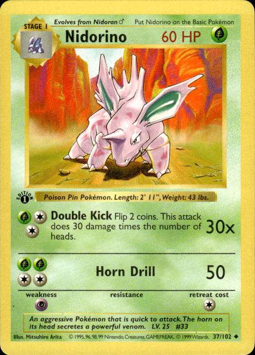 Pokemon Nidorino 37/102 Base Set Uncommon 1st Edition Moderately Played