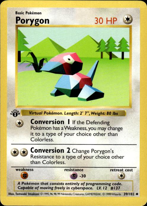 Pokemon Porygon 39/102 Base Set Uncommon 1st Edition Moderately Played