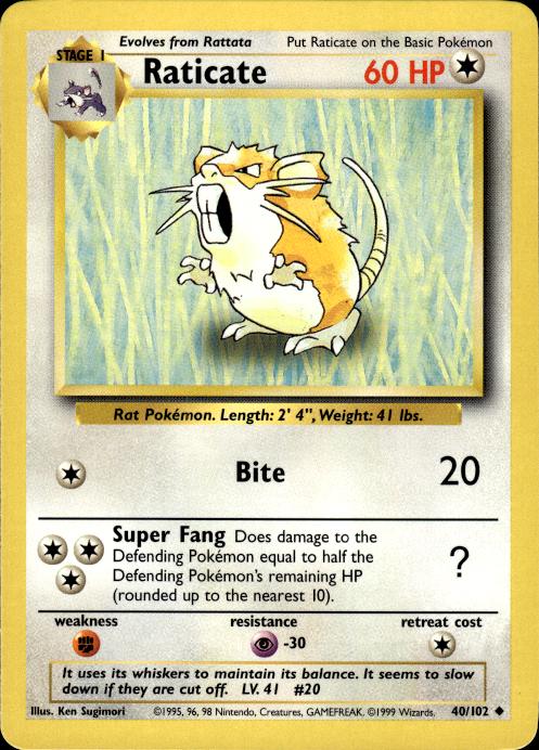 Pokemon Raticate 40/102 Base Set Uncommon Near Mint