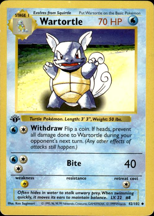 Pokemon Wartortle 42/102 Base Set Uncommon 1st Edition Moderately Played