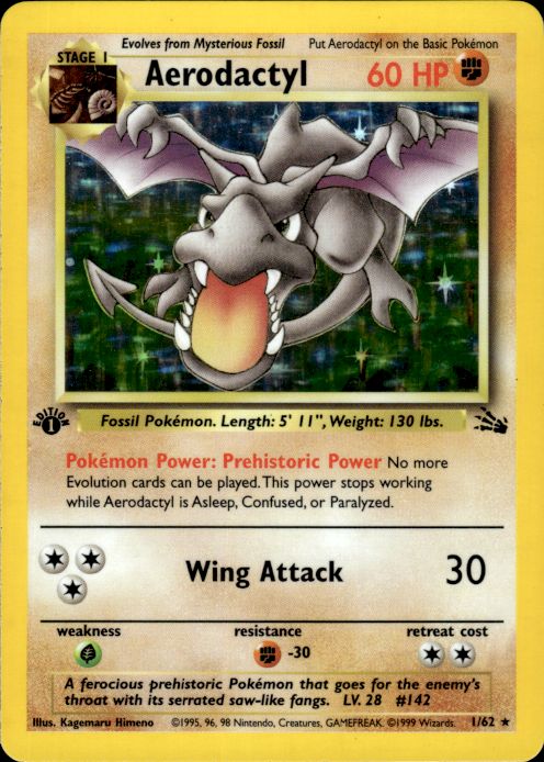 Pokemon Aerodactyl 1/62 Fossil Holo Rare 1st Edition Moderately Played