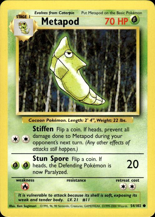 Pokemon Metapod 54/102 Base Set 4th Print 1999-2000 Common Near Mint