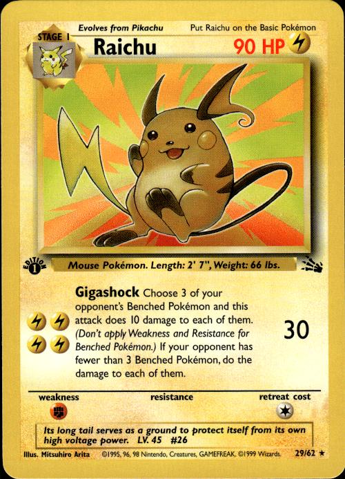 Pokemon Raichu 29/62 Fossil Rare 1st Edition Near Mint