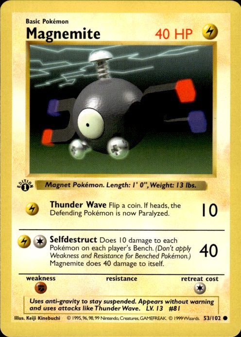 Pokemon Magnemite 53/102 Base Set Common 1st Edition Near Mint