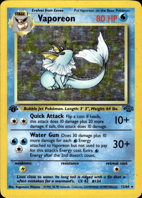 Pokemon Vaporeon 12/64 Jungle Holo Rare 1st Edition Heavily Played