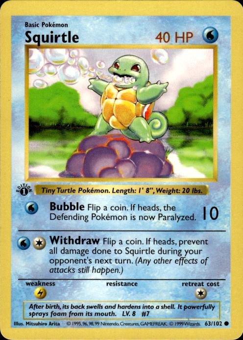 Pokemon Squirtle 63/102 Base Set Common 1st Edition Moderately Played