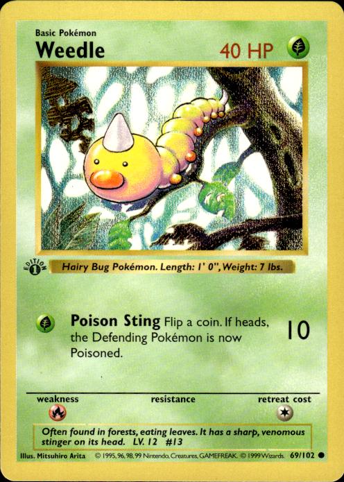 Pokemon Weedle 69/102 Base Set Common 1st Edition Moderately Played
