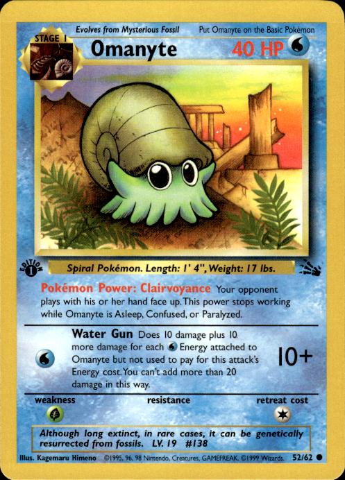 Pokemon Omanyte 52/62 Fossil Common 1st Edition Near Mint