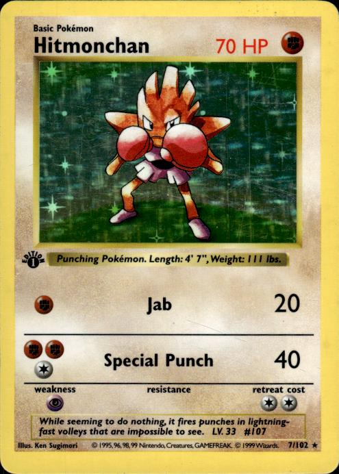 Pokemon Hitmonchan 7/102 Base Set Holo 1st Edition Heavily Played