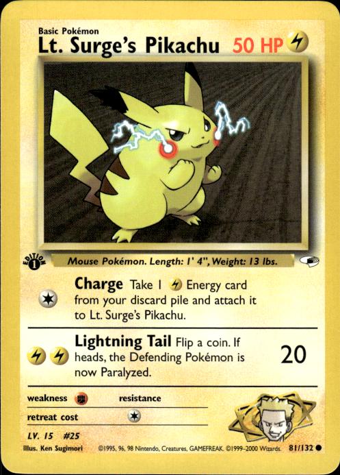 Pokemon Lt. Surge's Pikachu 81/132 Gym Heroes Common 1st Edition Near Mint