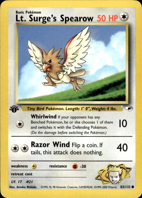 Pokemon Lt. Surge's Spearow 83/132 Gym Heroes Common 1st Edition Near Mint
