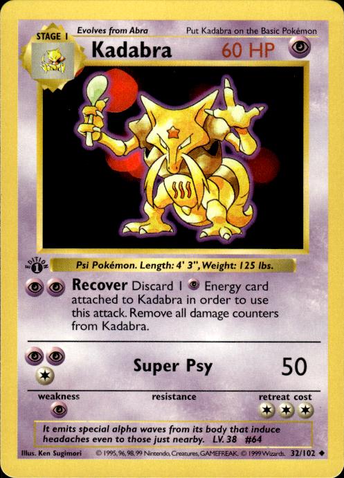 Pokemon Kadabra 32/102 Base Set Uncommon 1st Edition Lightly Played
