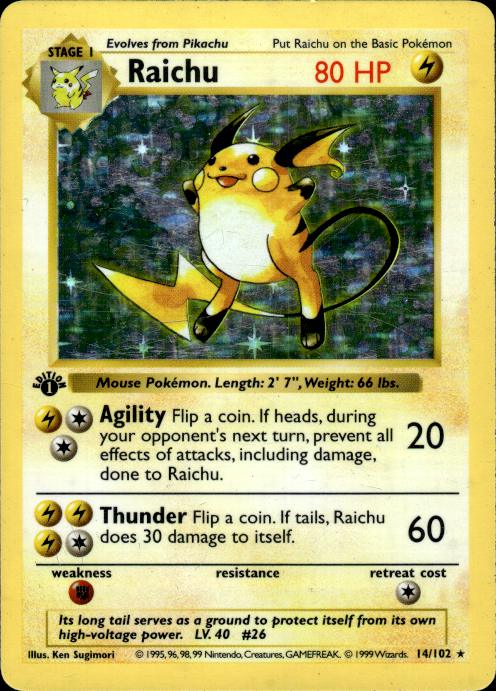 Pokemon Raichu 14/102 Base Set Holo 1st Edition Heavily Played