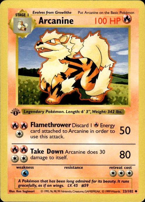 Pokemon Arcanine 23/102 Base Set Uncommon 1st Edition Moderately Played