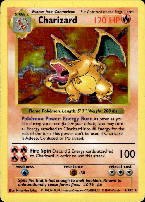 Pokemon Charizard 4/102 Base Set Shadowless Holo Rare Heavily Played