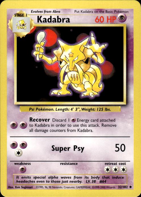 Pokemon Kadabra 32/102 Base Set 4th Print 1999-2000 Uncommon Near Mint