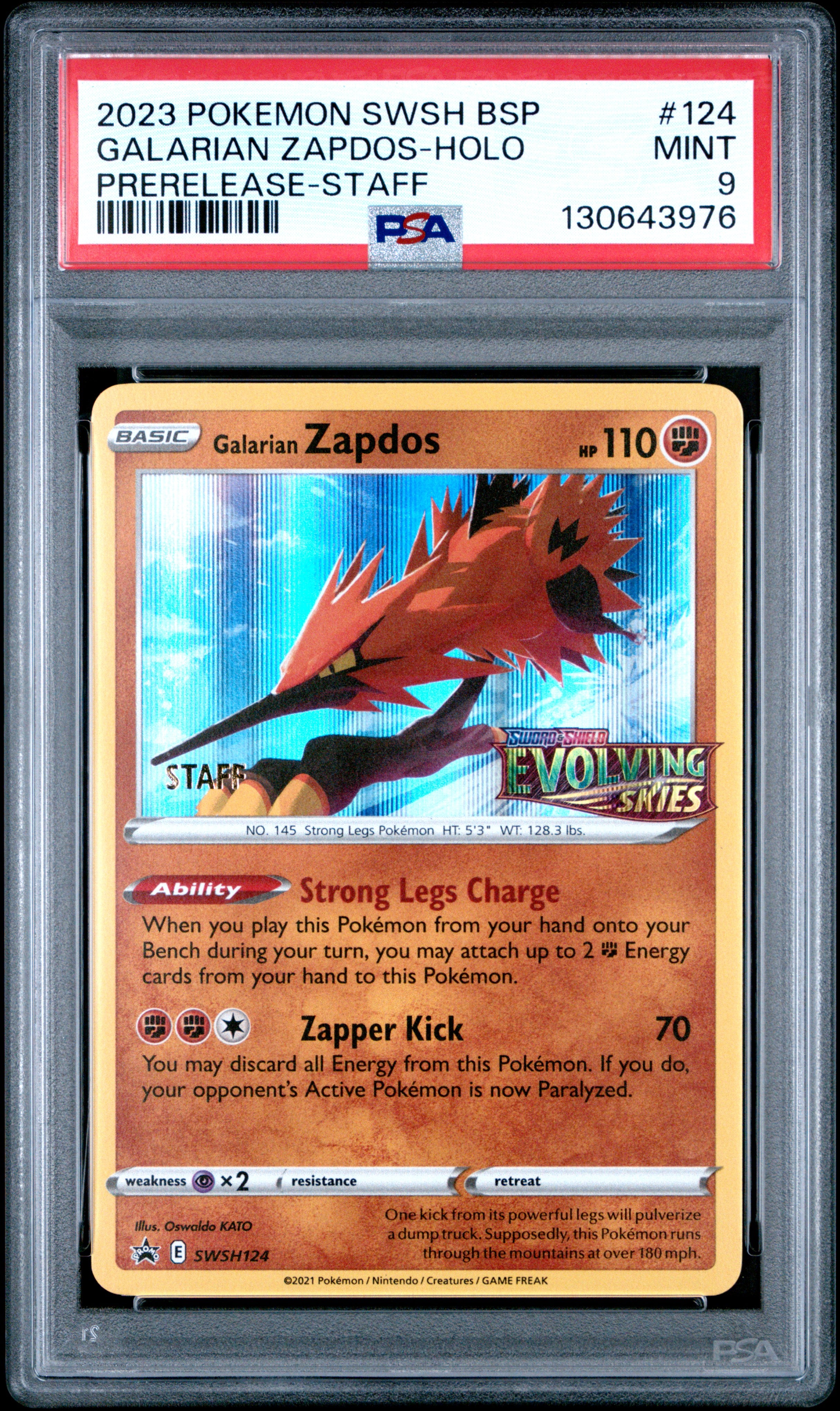 Galarian Zapdos Holo 124 Prerelease-staff Swsh Black Star Promo Pokemon PSA 9